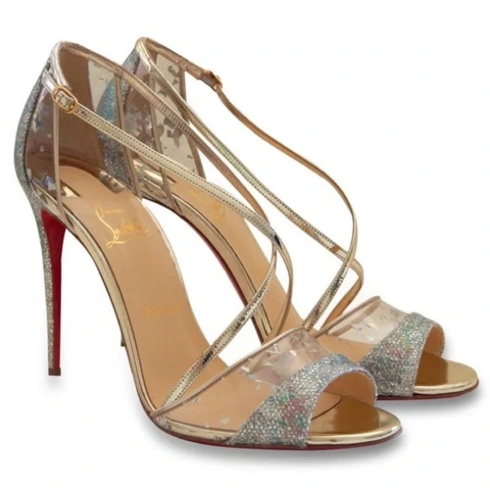 NIB Authentic  Louboutin Slikova 100 Glitter Solaria  Peep-Toe Sandals